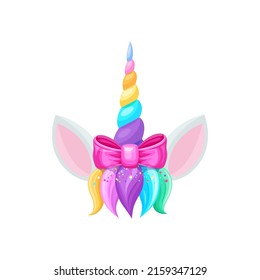 Unicorn head with hair bang, rainbow horn and pair of ears, pink silk bow. Vector baby pony horse fairy tale animal cute magic head with sparkles and glitters, girlish hairstyle decoration element