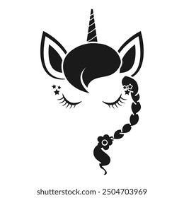 unicorn head hair pony tail cartoon black white vector design 
