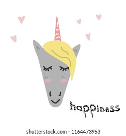 Unicorn head hand drawn illustration for baby, toodlers and kids fashion