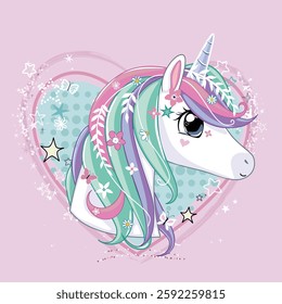Unicorn head in heart shape. Vector illustration on white background.