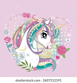 Unicorn head in heart shape. Vector illustration on white background.
