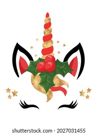 Unicorn head with Holly headband wreath, Unicorn head with flower crown, golden sparkling Face. Vector illustration for card and shirt design for winter season holidays. Merry Christmas!