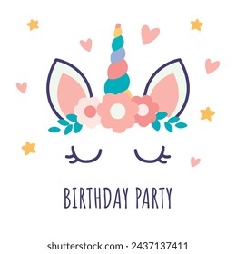 Unicorn head with horn and floral bouquet. Design for invitation, birthday cards. Cute flat style