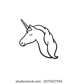 Unicorn head with horn hand drawn outline doodle icon. Fairytale unicorn vector sketch illustration for print, web, mobile and infographics isolated on white background.