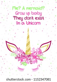 Unicorn head illustration with stars - card and t shirt print design. Funny unicorn print, trendy meme card. Colorful vector illustration with gold unicorn horn in trendy orange pink green on white