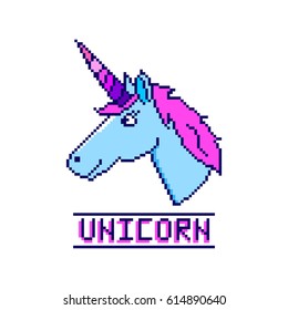 Unicorn head with inscription in the eight bit style on a white background. It can be used for sticker, badge, card, patch, phone case, poster, t-shirt, mug etc.