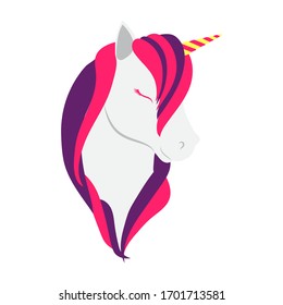 Unicorn head isolated. Magical animal. Vector artwork. Black and white logo unicorn cartoon style . Pink and purple color unicorn character icon.