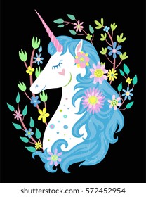 Unicorn head isolated on background, colorful hand drawn vector illustration of magical animal with decorative flowers, isolated on background. Design for label, apparel, greeting card. 