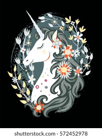 Unicorn head isolated on background, colorful hand drawn vector illustration of magical animal with decorative flowers, isolated on background. Design for label, apparel, greeting card. 