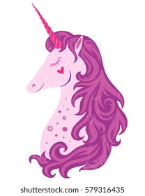 Unicorn head isolated on background, colorful hand drawn vector illustration of magical animal with decorative flowers, isolated on background. Design for label, apparel, greeting card. 