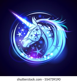 Unicorn head logo concept, with stars and magic neon glowing