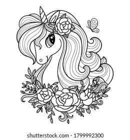 Unicorn head with long mane and flowers. Black-white linear drawing. For the design of coloring books, prints, posters, tattoos, postcards, stickers, etc. Vector