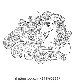 Unicorn head with long mane, flowers and hearts. Black and white linear drawing. For the design of coloring books, prints, posters, stickers, postcards, puzzles, etc. Vector