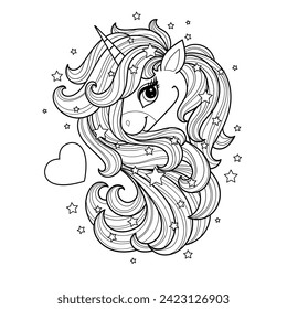 Unicorn head with long mane and heart. Black and white linear drawing. For the design of coloring books, prints, posters, postcards, stickers, tattoos, puzzles, etc. Vector