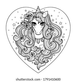 Unicorn head with long mane and roses. Linear art. Black and white image. For coloring books prints, posters, tattoos, postcards,
 stickers. Vector illustration
