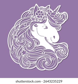 Unicorn head with a long mane. Template for laser cutting from paper, wood, cardboard, metal, etc. Decor for a girl's room. For the design of postcards, stencils, interior decor, Christmas tree toys, 