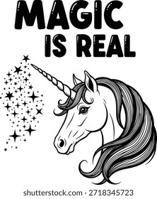 Unicorn head magic is real vector illustration fantasy animal typography mythical creature concept isolated black on transparent design for fairy tale and horse lovers