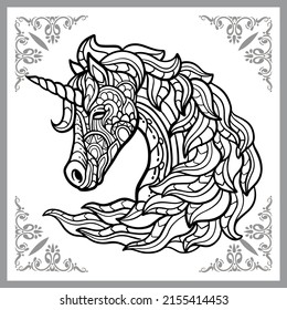 unicorn head mandala arts. isolated on black background.