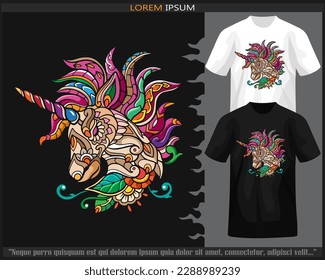 Unicorn head mandala arts isolated on black and white t shirt.