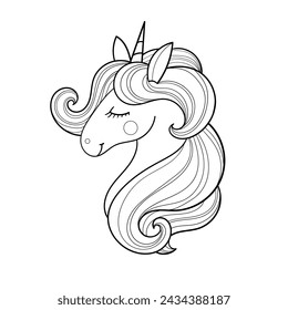 Unicorn head with mane. Black and white linear drawing. Fantastic character. For children's design of coloring books, prints, posters, cards, stickers, etc. Vector illustration.