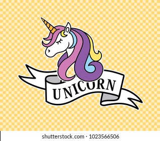 unicorn head mascot.Cute magic cartoon fantasy cute animal. Rainbow hair.