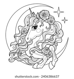 Unicorn head and moon. Black and white linear drawing. Anti-stress coloring book for children and adults. For the design of anti-stress coloring books