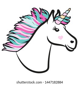 Unicorn. The head of a mythical horse with a horn. Vector illustration.