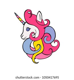 Unicorn head on white background. Cute magic cartoon fantasy animal. Rainbow horn, pink and blue hair. Dream symbol. Design for children.