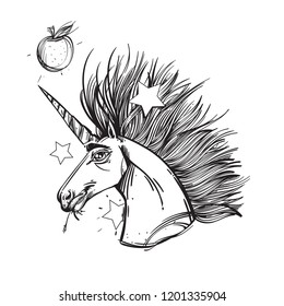 Unicorn head. Outline vector illustration isolated on white background for tattoos, posters, print on T-shirts and other items.