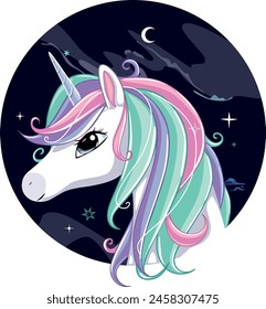 Unicorn head over dark night background