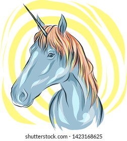 Unicorn head. Portrait of a blue horse with an orange mane and a magic horn. Isolated, background with a yellow pattern. Color vector. T-shirt printing, cover.