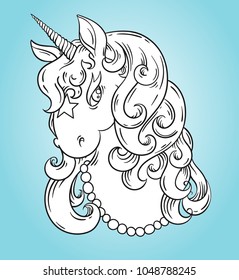 Unicorn head portrait coloring page, poster. Cute magic cartoon fantasy animal concept. Isolated outline vector illustration