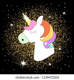 Unicorn head portrait vector icon isolated on black. Glotter. Gold. Cute magic horse sticker, patch badge, cartoon fantasy cute animal. Rainbow hair. Children design. Dream symbol.