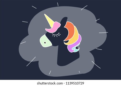 Unicorn head portrait vector icon isolated. Cute sticker magic horse sticker, patch badge, cartoon fantasy cute animal. Rainbow hair. Children design. Dream symbol.