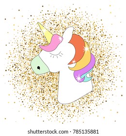 Unicorn head portrait vector icon isolated on white.  Cute magic horse sticker, patch badge, cartoon fantasy cute animal. Rainbow hair. Children design. Dream symbol. 
