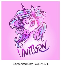 Unicorn head portrait vector illustration. Magic fantasy horse design for children t-shirt and bags. Unicorn with rainbow hair