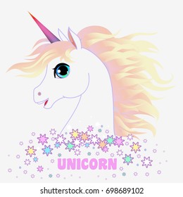 Unicorn head portrait vector illustration. Magic fantasy horse design for children t-shirt and bags. Childish character White unicorn  with gold hair