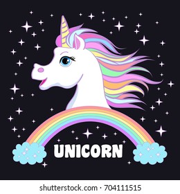 Unicorn head portrait vector illustration. Magic fantasy horse design for children t-shirt and bags. Childish character White unicorn  with rainbow hair