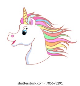 Unicorn head portrait vector illustration. Magic fantasy horse design for children t-shirt and bags. Childish character White unicorn  with rainbow hair