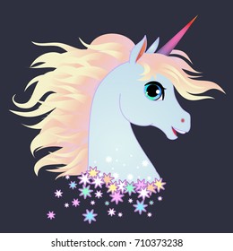 Unicorn head portrait vector illustration. Magic fantasy horse design for children t-shirt and bags. Childish character blue unicorn  with gold hair