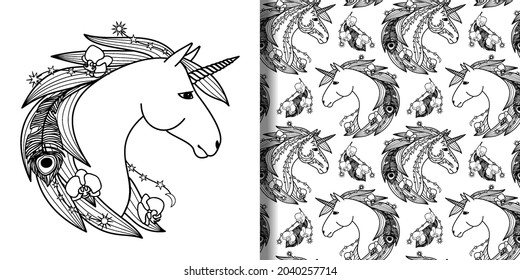 Unicorn head print and seamless pattern set