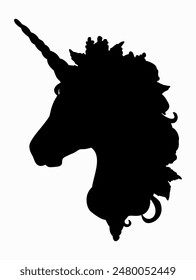 Unicorn head in profile. Black silhouette. Vector isolated illustration.