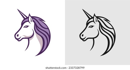 Unicorn head profile purple and black monochrome outline logo for t shirt print set vector illustration. Fairytale horned horse portrait magic pony with mane wild animal mammal creature icon emblem