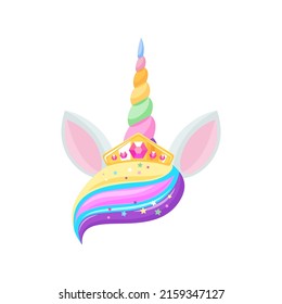 Unicorn head with rainbow hair bang, crown with diamond, unique horn and pair of ears isolated girls hair decoration. Vector baby pony horse fairy tale animal cute magic head with sparkles glitters