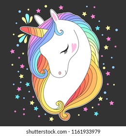 Unicorn head with rainbow hair  and stars cute fashion kids print for t-shirt and bags