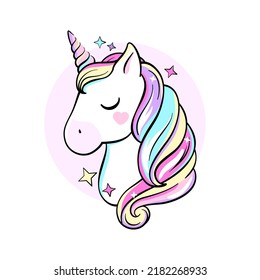 Unicorn head with rainbow mane, cute cartoon style drawing, vector illustration