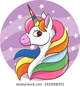 Cabeza de unicornio con melena de arco iris, dibujo de estilo de dibujos animados lindo, ilustración vectorial