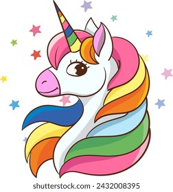 Cabeza de unicornio con melena de arco iris, dibujo de estilo de dibujos animados lindo, ilustración vectorial