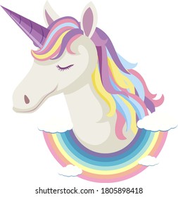 Unicorn head with rainbow mane and horn isolated on white background illustration