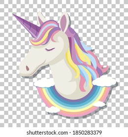 Unicorn head with rainbow mane on rainbow round background isolated on transparent background illustration